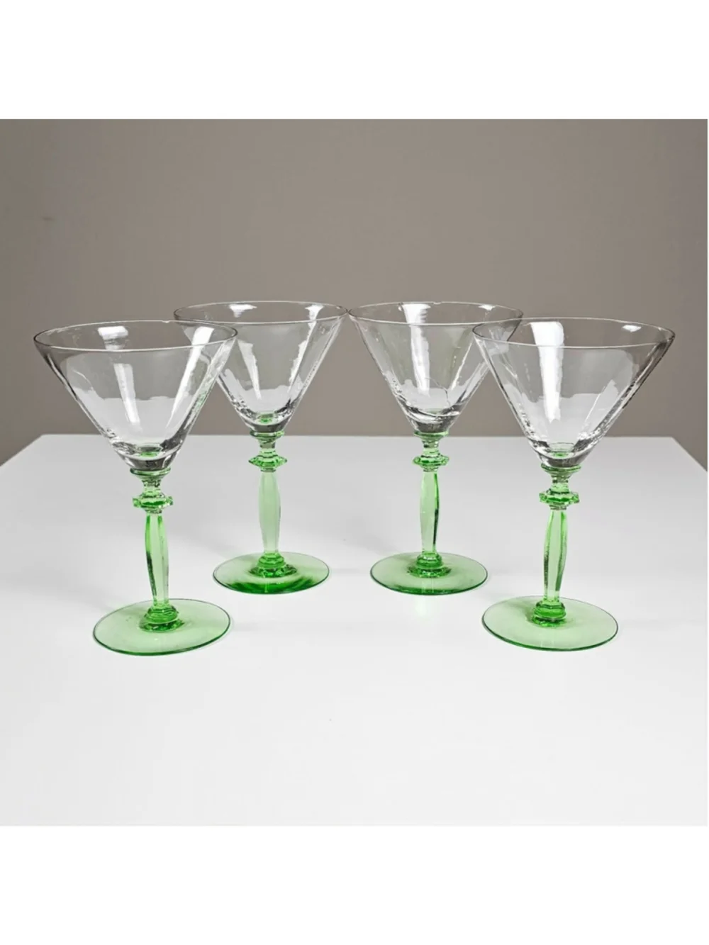 Elegant Green Uranium Stem Cocktail/Martini Glasses Set of 4 As-Is / Crafts